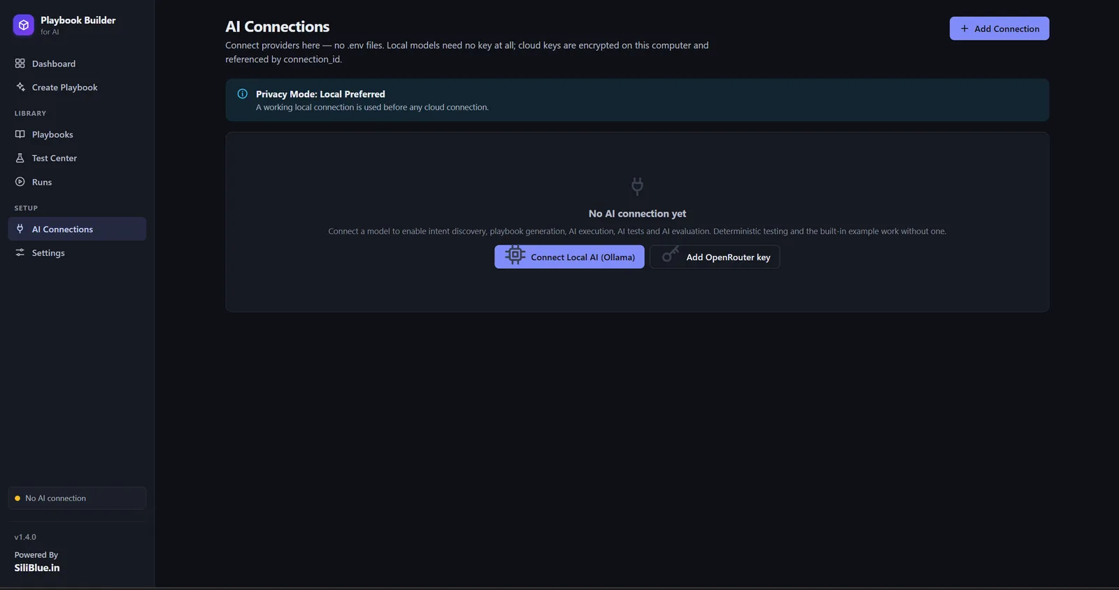 AI Connections screen offering Connect Local AI for Ollama and Add OpenRouter key, with Privacy Mode set to Local Preferred