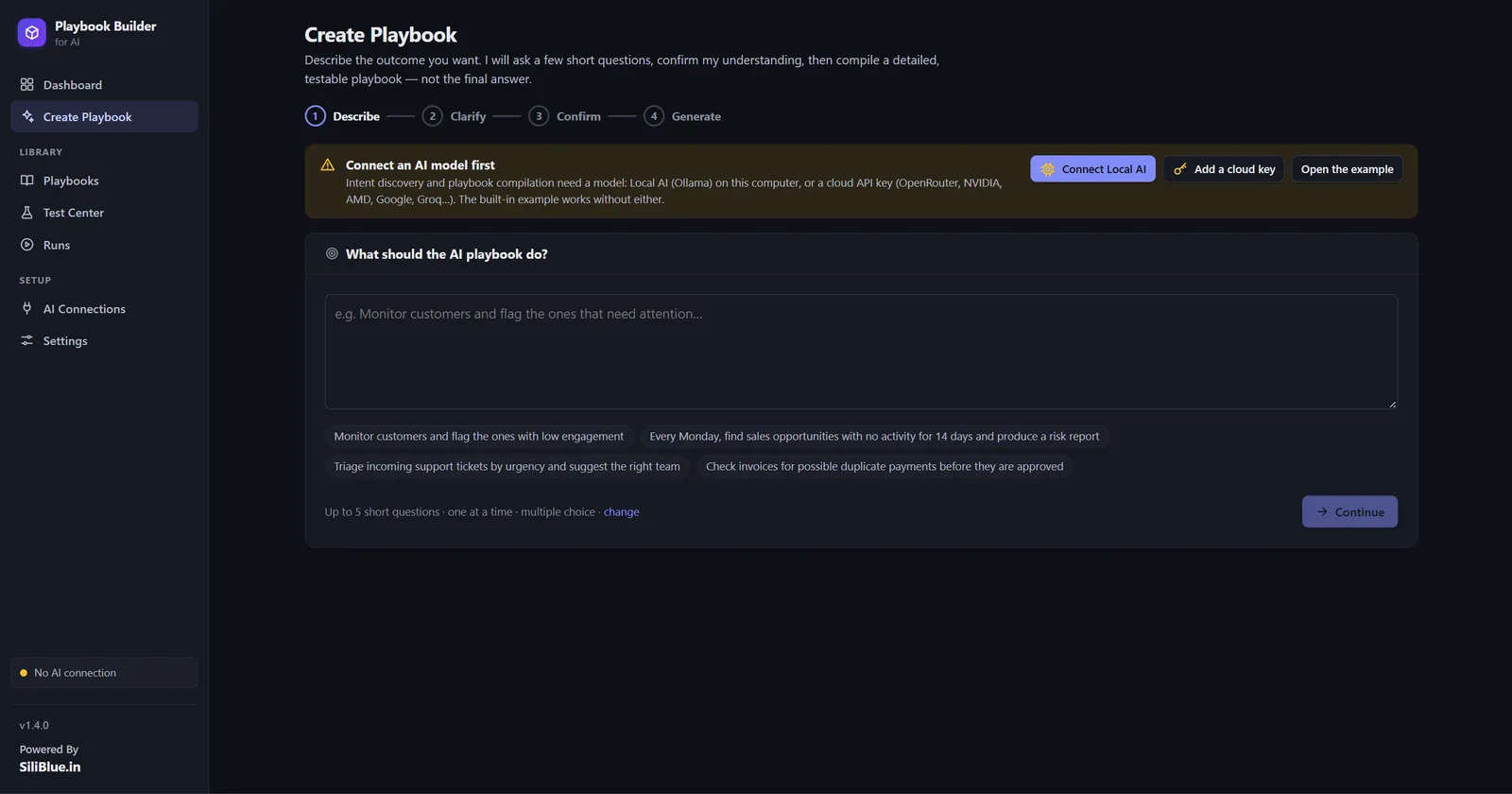 Create Playbook screen showing the Describe, Clarify, Confirm, Generate steps and a plain-language goal input